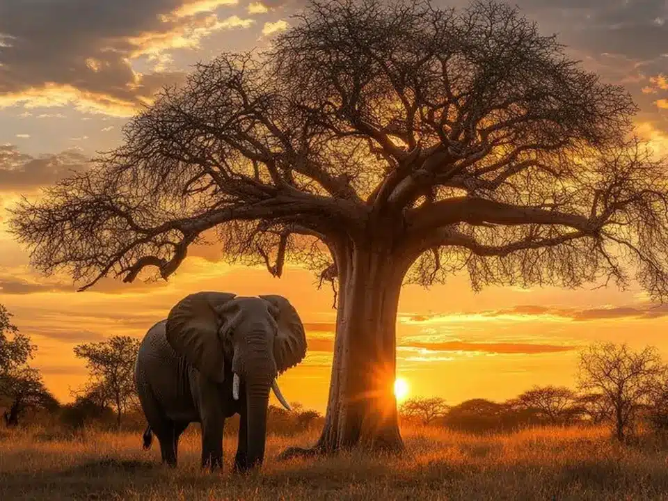 Éléphant au coucher du soleil près d’un baobab emblématique de la savane tanzanienne