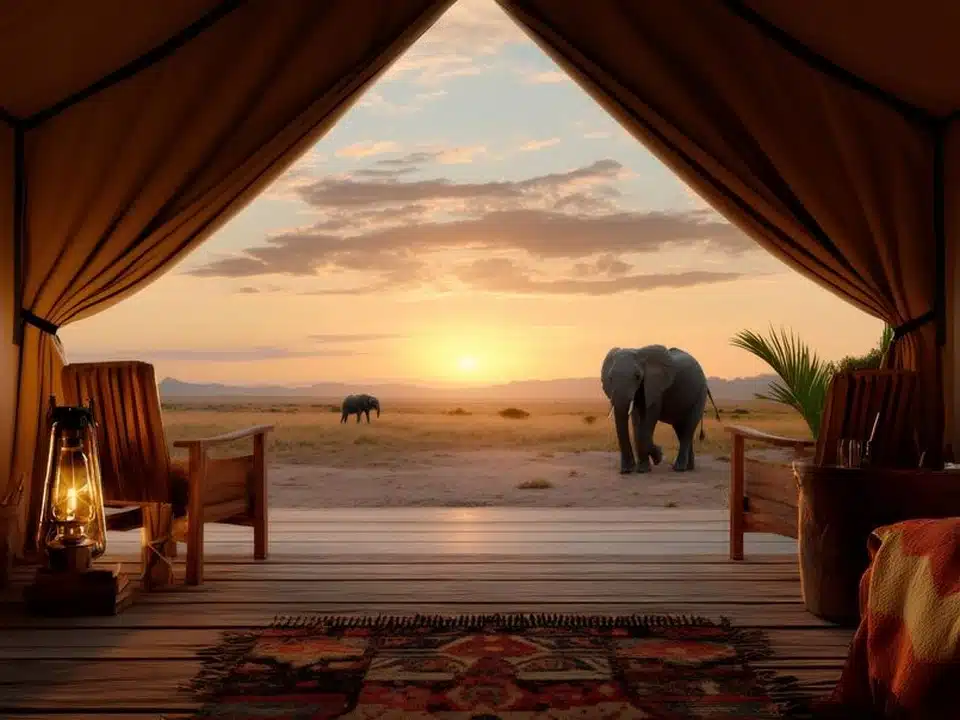 Vue de l'intérieure d’une tente ouverte sur la plaine, avec un éléphant avançant à quelques dizaines de mètres