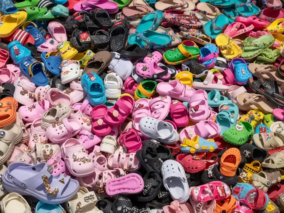 Une énorme pile de sandales colorées en plastique pour enfants à vendre à Darajani Souk à Stone Town