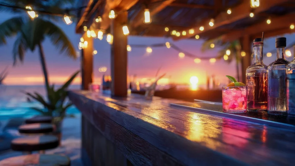 Rooftop bar à Zanzibar au coucher du soleil, ambiance soirée face à l’océan