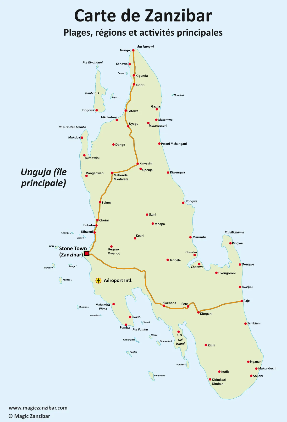 Carte de Zanzibar avec les régions nord, est, sud et Stone Town