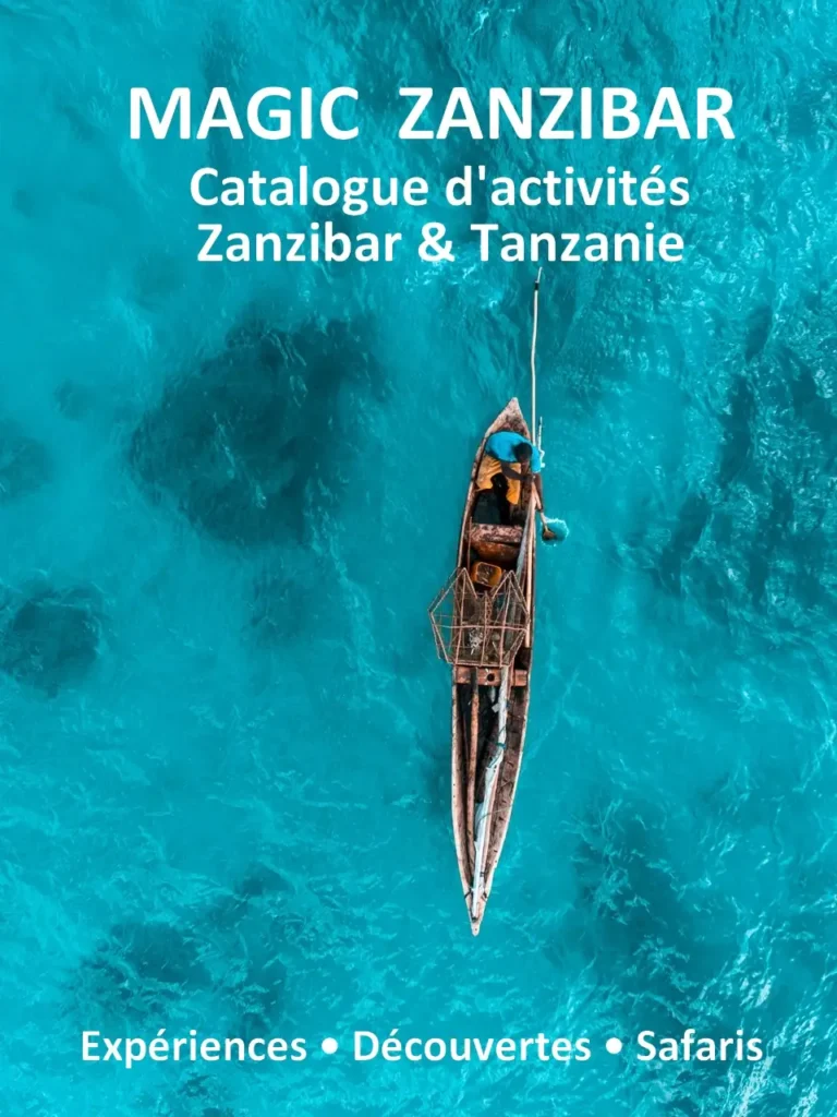 Bateau pêcheur Zanzibar lagon turquoise vue aérienne